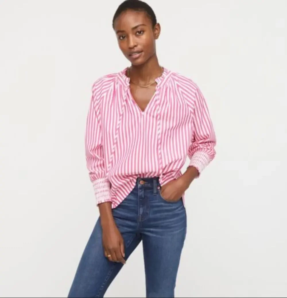 J. Crew Pink White Striped Cotton Smocked-Cuff Women's Popover Top Size S